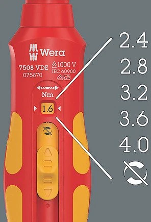„Wera 7508 VDE Kraftform Safe-Torque Speed“ sukimo momento atsuktuvas – 5 pasirenkami sukimo momentai 0,4–2,0 Nm, VDE izoliuotas, 1000 V vardinė įtampa, ergonomiška rankena