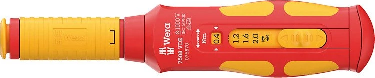 „Wera 7508 VDE Kraftform Safe-Torque Speed“ sukimo momento atsuktuvas – 5 pasirenkami sukimo momentai 0,4–2,0 Nm, VDE izoliuotas, 1000 V vardinė įtampa, ergonomiška rankena