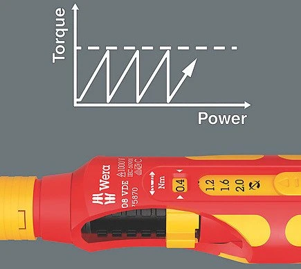 „Wera 7508 VDE Kraftform Safe-Torque Speed“ sukimo momento atsuktuvas – 5 pasirenkami sukimo momentai 0,4–2,0 Nm, VDE izoliuotas, 1000 V vardinė įtampa, ergonomiška rankena