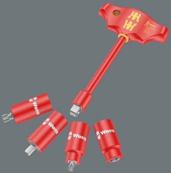 Wera 05005120001 410 i VDE B Izoliuotas T formos rankenos adapteris su lizdais, 3/8'' x 130 mm, raudonas