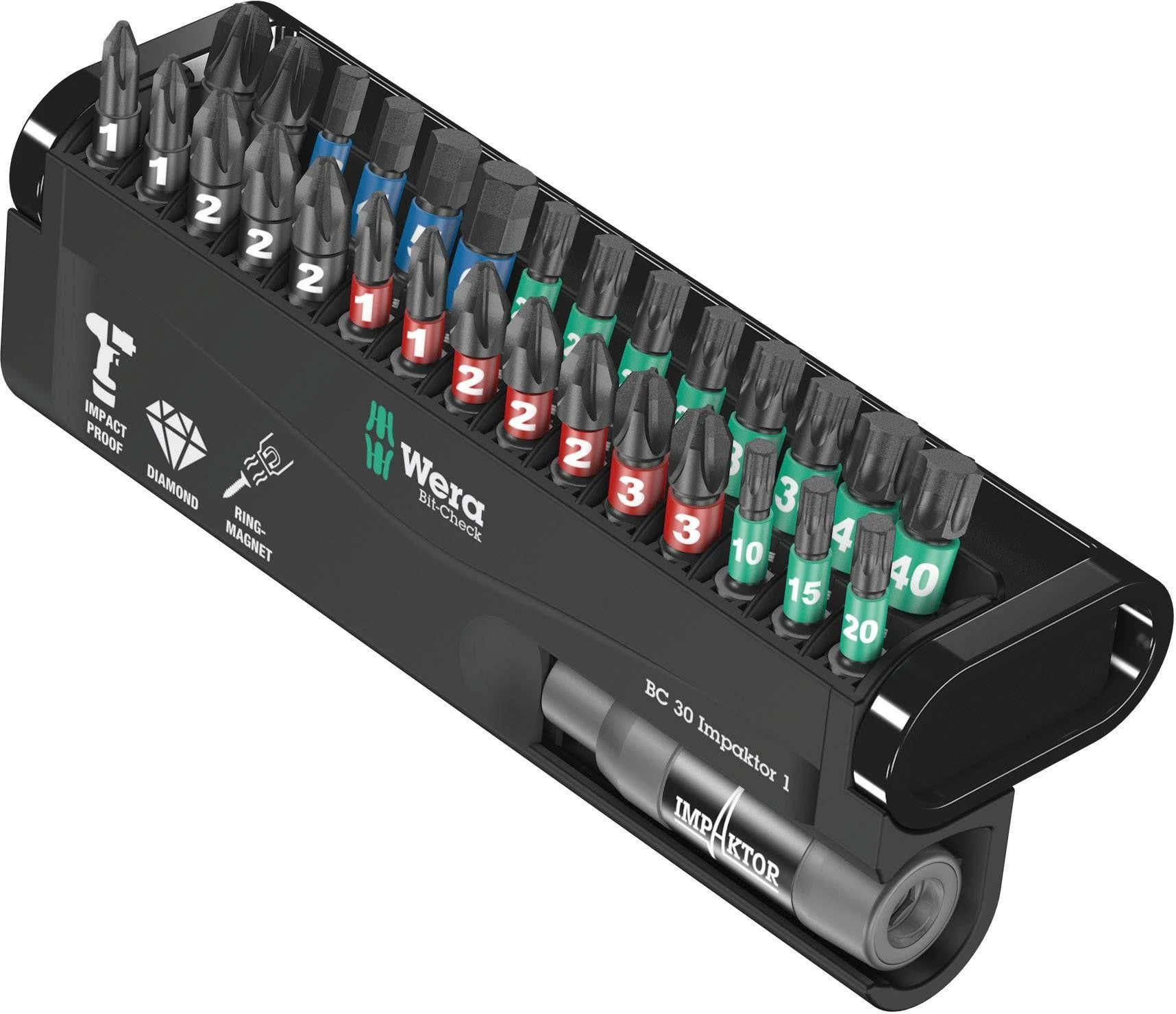 Smūginių antgalių rinkinys Wera Bit-Check 30 Impaktor, 30 vnt, PH+PZ+TORX+HEX