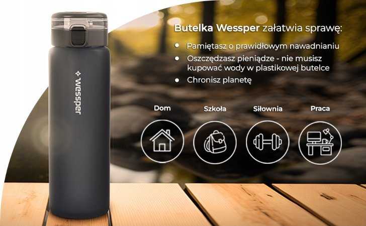 Gertuvė Wessper ActiveMax stiklinis vandens buteliukas, 680 ml, juodas