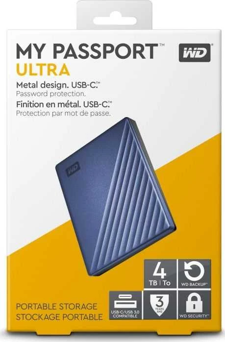 Kietasis diskas Western Digital „My Passport Ultra 5TB Mėlyna USB-C/USB3.0 HDD 2,5" metalinio apdailos nešiojamas išorinis RTL diskas