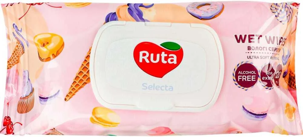 Drėgnos servetėlės Rūta selecta. 1 sl. 120 vnt.