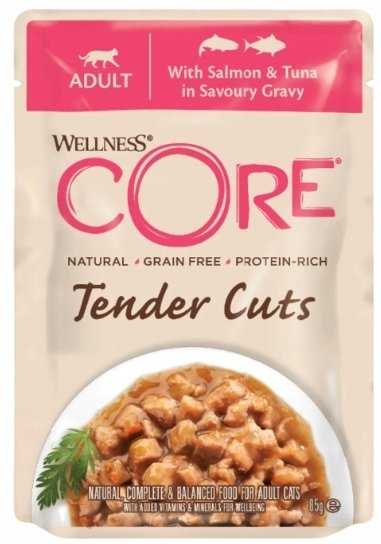Whiskas „Core Tender Cuts“ šlapias katėms skirtas ėdalas su lašiša ir tunu padaže, 85 g, pakelis, 8 vnt./EKSPONUOTI
