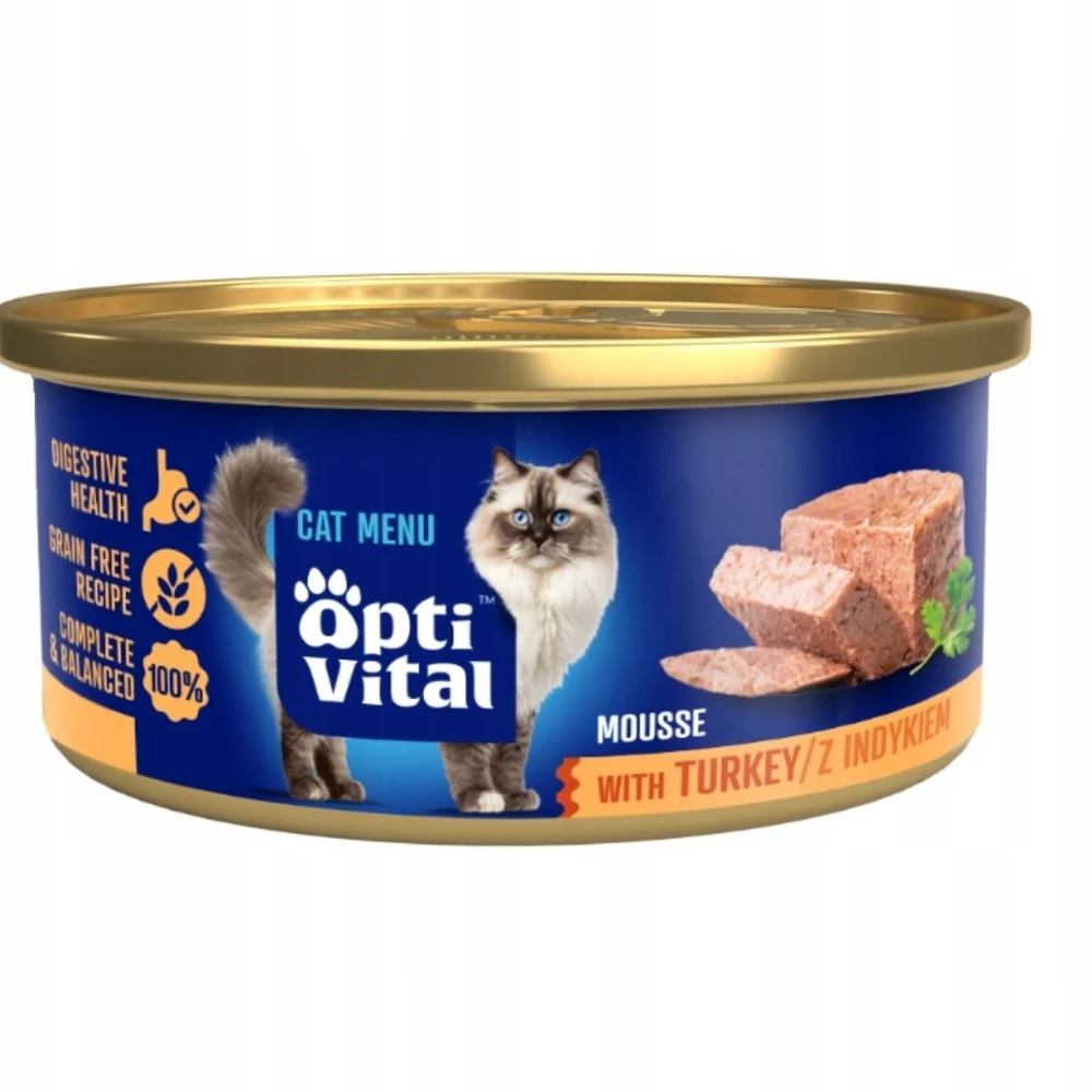 OptiVital mini skardinė - kelių dėžučių suagusiems katėms su jautienos, vištienos, kalakutienos, briedžio skoniu 12 x 85 g