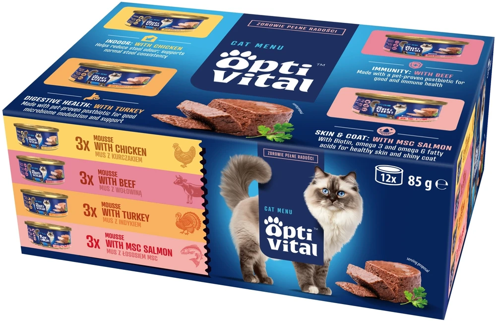 OptiVital mini skardinė - kelių dėžučių suagusiems katėms su jautienos, vištienos, kalakutienos, briedžio skoniu 12 x 85 g