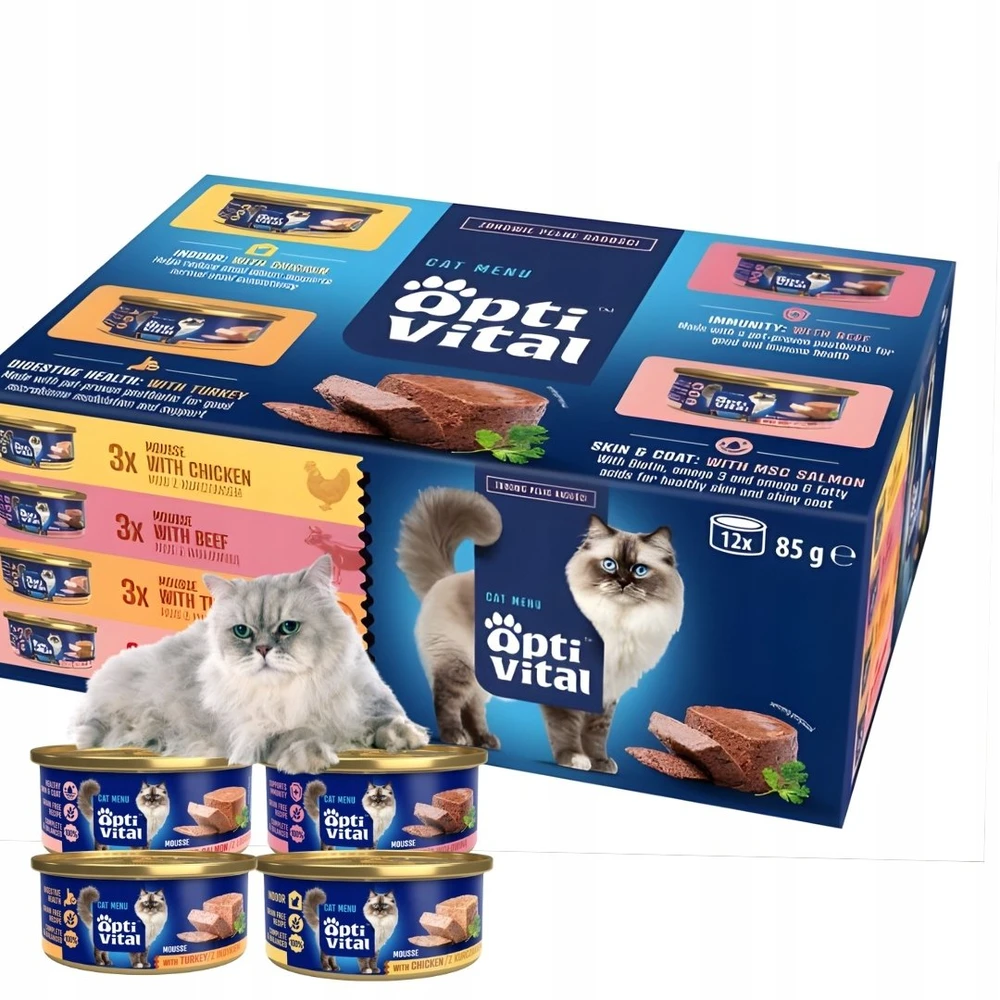 OptiVital mini skardinė - kelių dėžučių suagusiems katėms su jautienos, vištienos, kalakutienos, briedžio skoniu 12 x 85 g