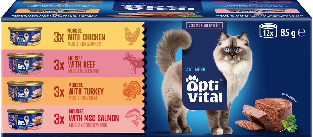 OptiVital mini skardinė - kelių dėžučių suagusiems katėms su jautienos, vištienos, kalakutienos, briedžio skoniu 12 x 85 g