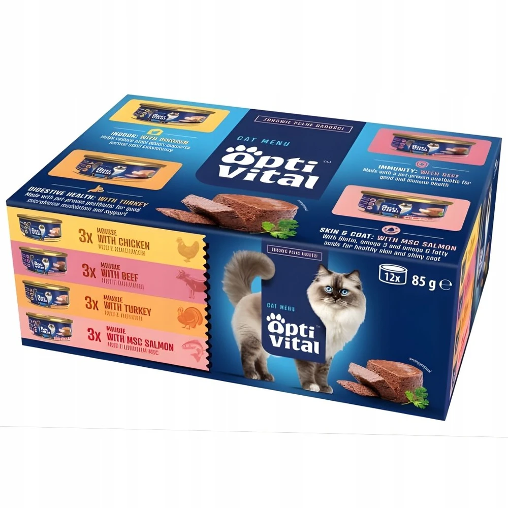 OptiVital mini skardinė - kelių dėžučių suagusiems katėms su jautienos, vištienos, kalakutienos, briedžio skoniu 12 x 85 g