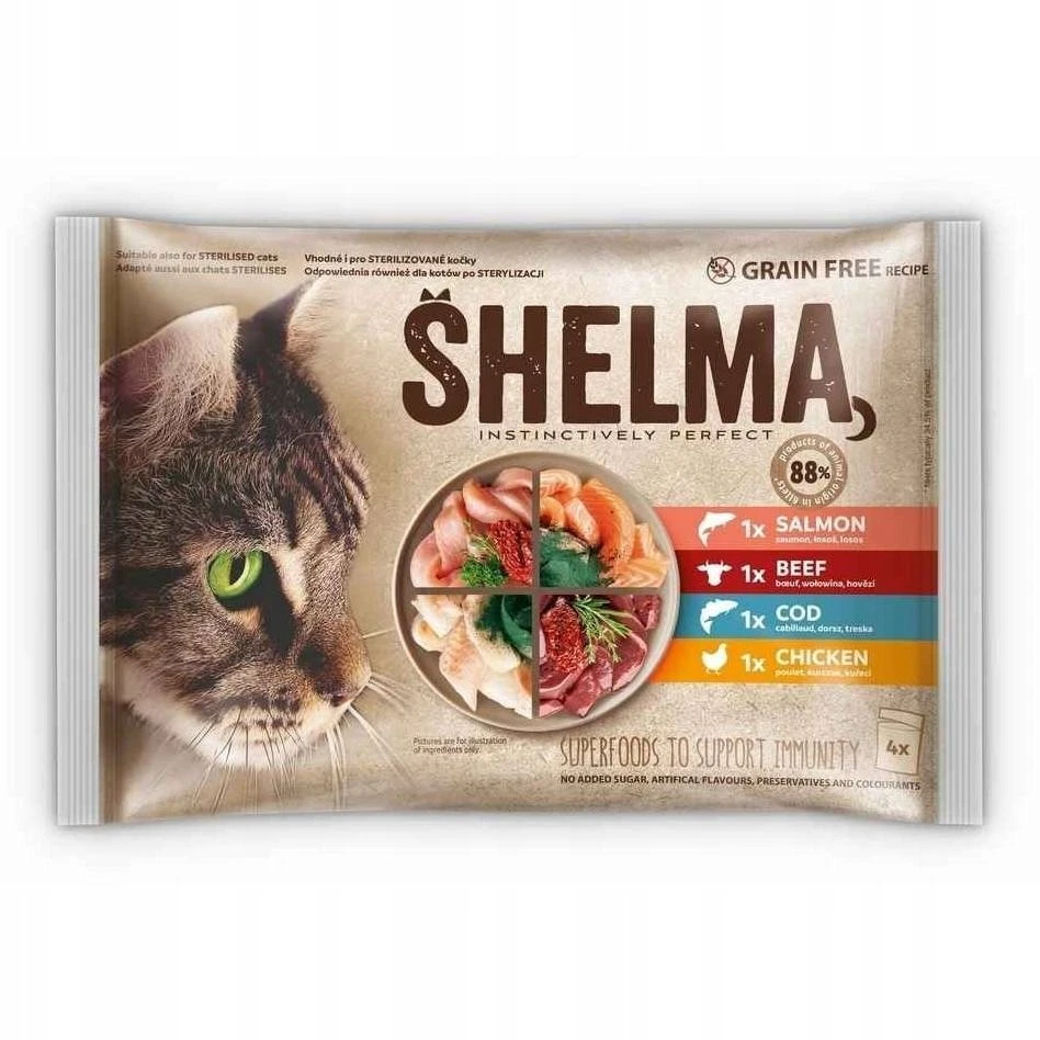 SHELMA Rich in lašiša, cod, jautiena and vištiena – šlapias kačių maistas – 4x85g