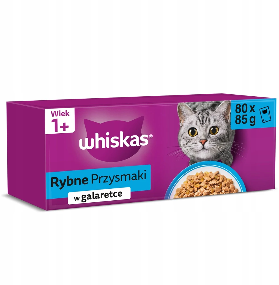 WHISKAS Suaugusių Žuvies Skanėstai 80x85g drėgnas maistas visaverčiam suaugusių kačių maitinimui želė