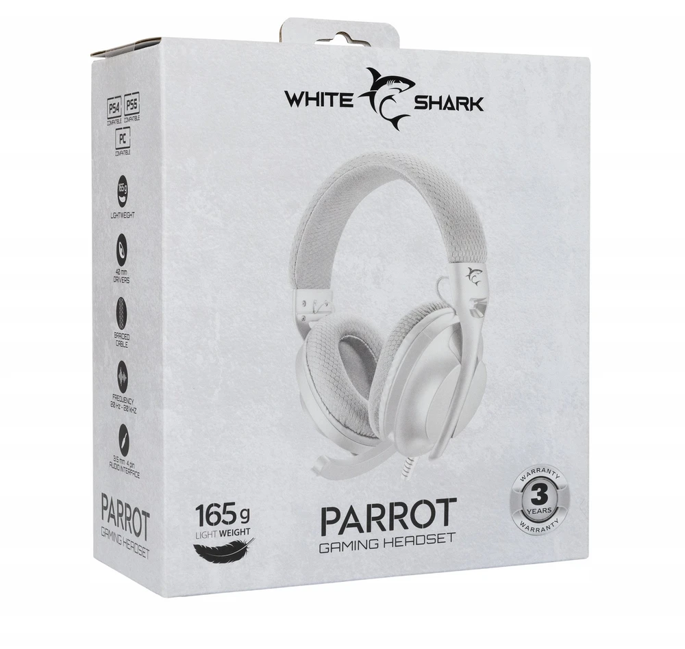 White Shark Baltas Shark Baltas Shark Ausinės Žaidimams PARROT, skirta PC, PS4/PS5, Mac, Baltas