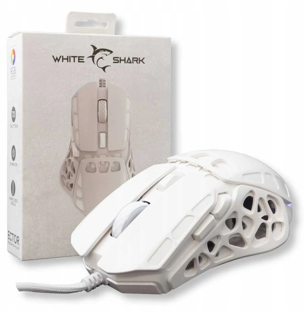 Pelė White Shark Myszka žaidimams Baltas Shark Ector GM-5016 su laidu 12400 dpi optinė balta