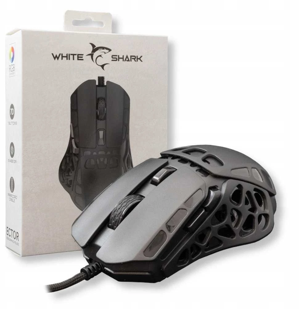 Pelė White Shark Myszka žaidimams Baltas Shark Ector GM-5016 su laidu 12400 dpi optinė juoda