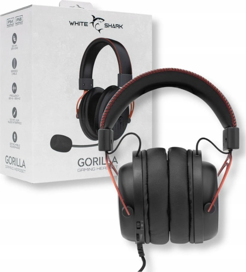 White Shark Baltas Shark Baltas Shark žaidimų ausinės GORILLA, su mikrofonu,PC, PS4/PS5, MAC, juodos spalvos/Raudona (GH-2341)