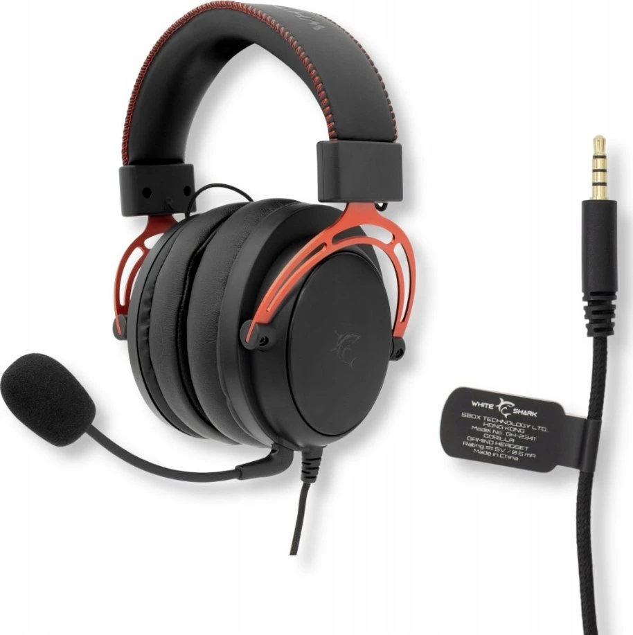 White Shark Baltas Shark Baltas Shark žaidimų ausinės GORILLA, su mikrofonu,PC, PS4/PS5, MAC, juodos spalvos/Raudona (GH-2341)