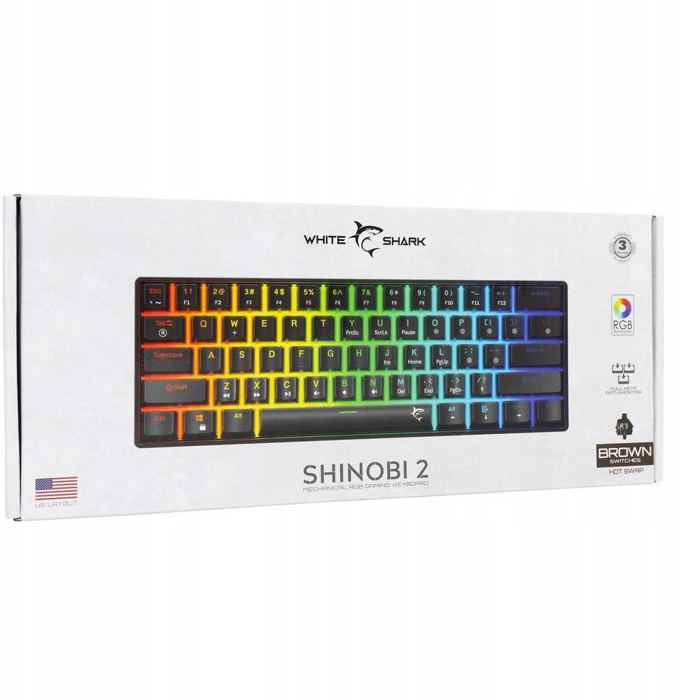 White Shark Klaviatūra žaidimams Baltas Shark Shinobi Brown su laidu mechaninė su pašvietimu juoda