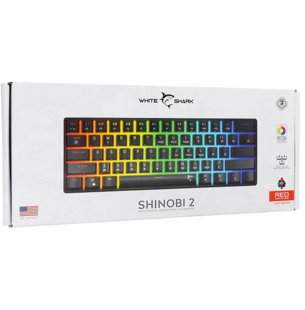 White Shark Klaviatūra žaidimams Baltas Shark Shinobi Raudona su laidu mechaninė su pašvietimu juoda