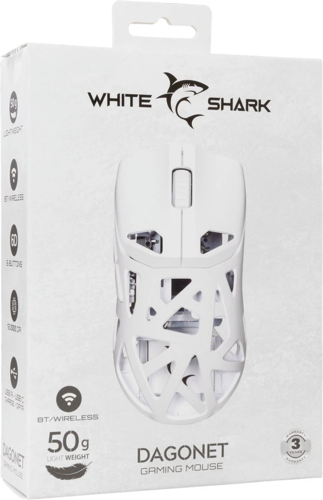 White Shark Baltas Shark Baltas Shark pelė žaidimams DAGONET, 6D, 12000/24000 (sw) dpi, Baltas (WGM-5019)