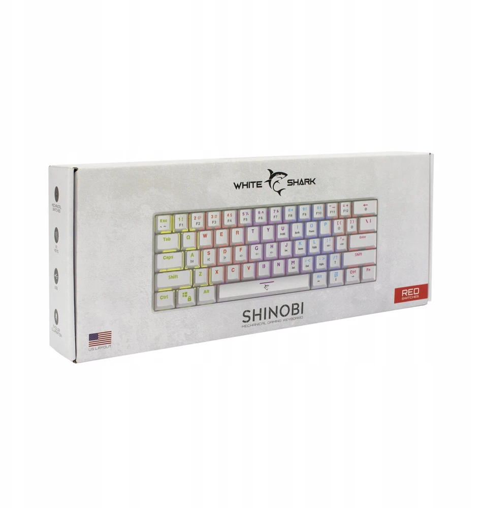 White Shark Klaviatūra žaidimams Baltas Shark Shinobi Raudona su laidu mechaninė su pašvietimu balta