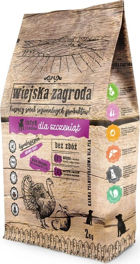Šunų Maistas - Wiejska Zagroda Kalakutiena su Obuoliu M Šuniukams 2kg 30% Baltymų 21% Riebalų