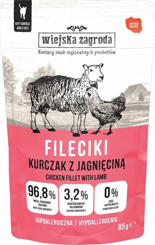 VILLAGE FARM vištiena Filė su ėriena – šlapias katėms skirtas ėdalas – 85 g