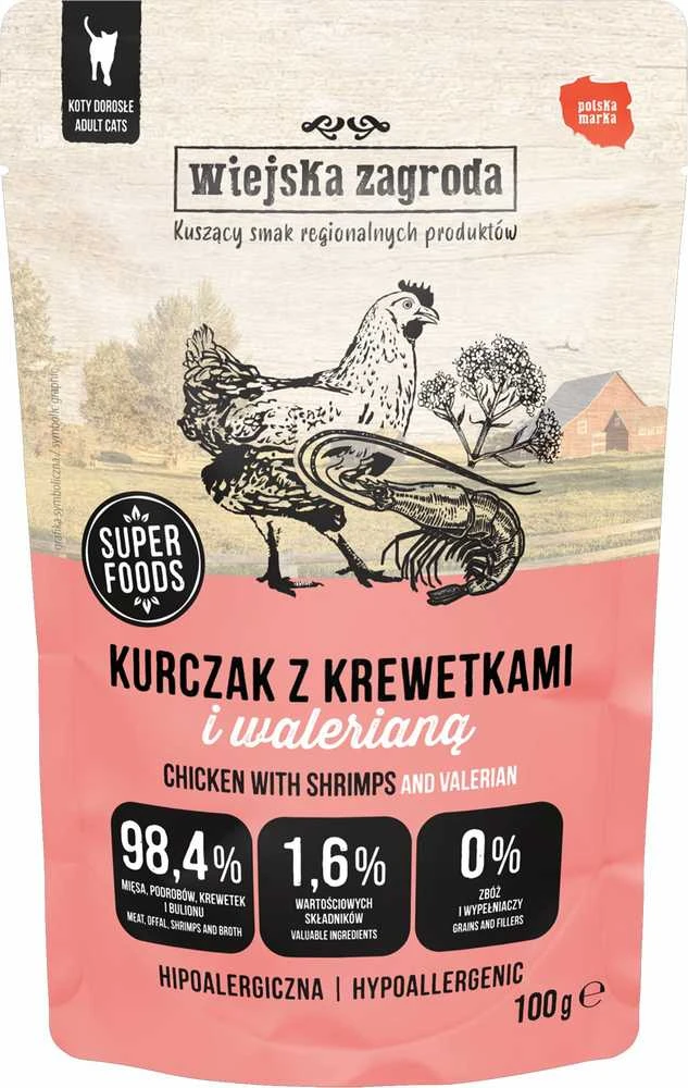 WIEJSKA ZAGRODA vištiena su krevetėmis ir valerijonu – Šlapias kačių maistas – 100g