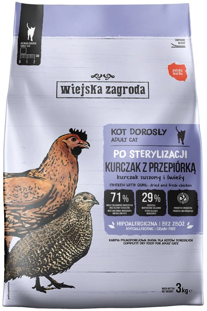 WIEJSKA ZAGRODA Sterilised vištiena with quail – sausas kačių maistas – 3kg