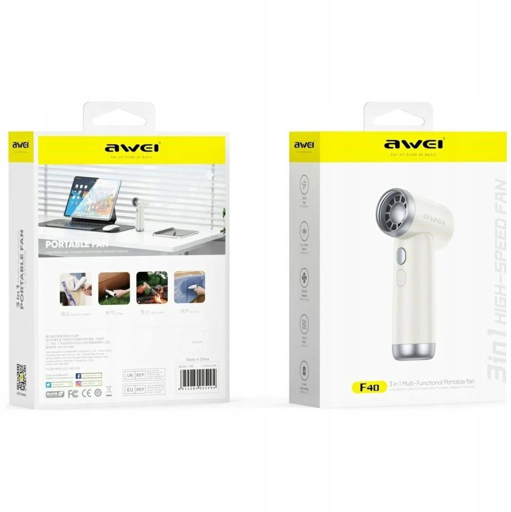 AWEI F40 3-in-1 3300mAh daugiafunkcis ventiliatorius, baltos spalvos