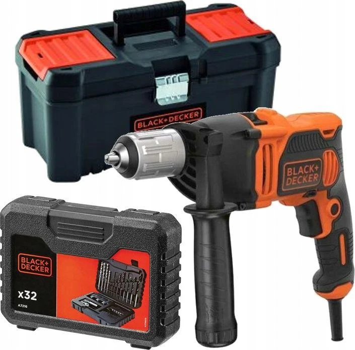 Black & Decker Juodas & Decker Gręžtuvas smūginis BEH850 / 850W + 32 priedai ir dėžė, Juodas & Decker