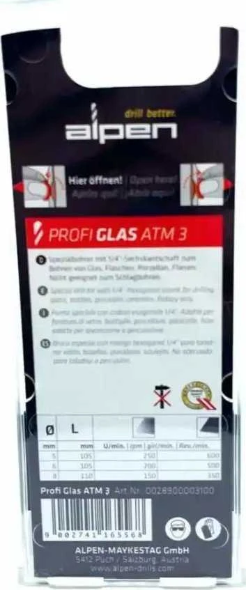 Grąžtas rinkinyje 3 vnt. stiklo grąžtai su ATM-3 widia plokšte Profi Glas, Alpen [0028900003100]