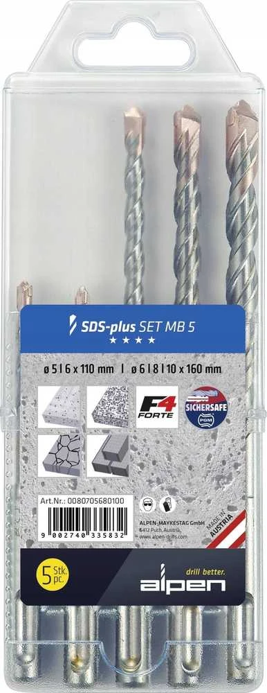 Grąžtas rinkinyje 5 vnt. Widia betono grąžtai SDS+, F4, MB5, Alpen [0080705680100]