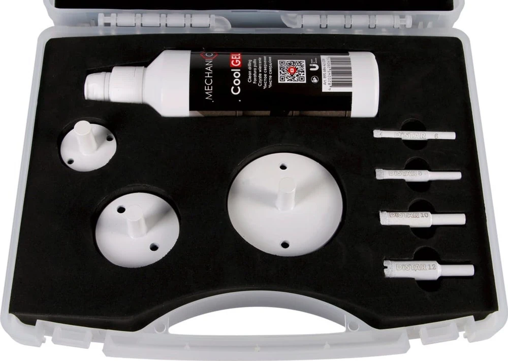 Distar DrillKIT 7vnt. 6-70mm karūnėlių + CoolGEL komplektas dėžutėje šlapiam plytelių gręžimui