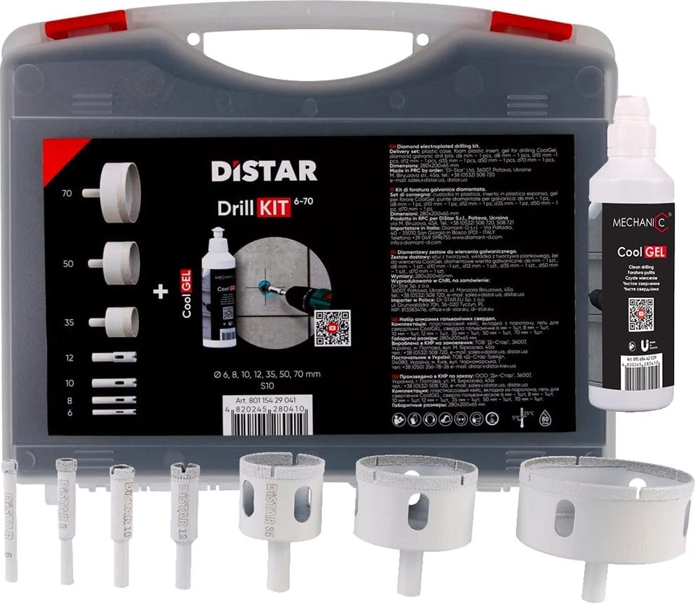 Distar DrillKIT 7vnt. 6-70mm karūnėlių + CoolGEL komplektas dėžutėje šlapiam plytelių gręžimui