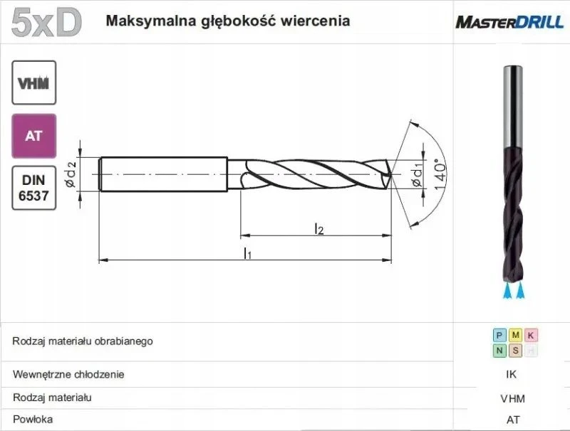 Grąžtas Wiertło Fanar WIERTLOW WEGLIK UŽ 5,00 44/82MM 5xD HA6 VHM AT IK MASTERDRILL*** DIN 6537