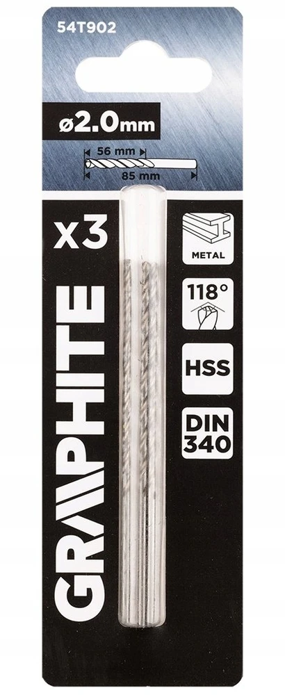 Graphite Wiertło HSS metalo grąžtas, DIN 340, prailgintas, 2 mm, 3 vnt.