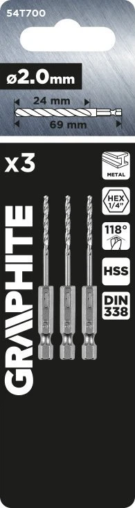 Wiertło Šešiakampis metalinis grąžtas 2,0 mm, 3 vnt.