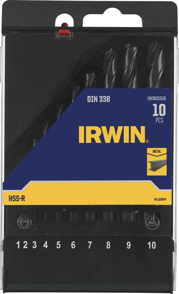Grąžtas Irwin IRWIN DRILL METAL HSS-R DIN338 rinkinys, 10 dalių. 1-2-3-4-5-6-7-8-9-10 mm kasetėje.