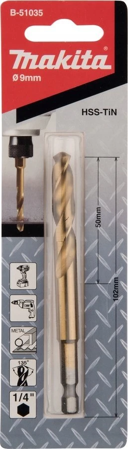 Grąžtas MAKITA grąžtai DO METALU HSS-TIN 1/4" HEX 9,0x102mm