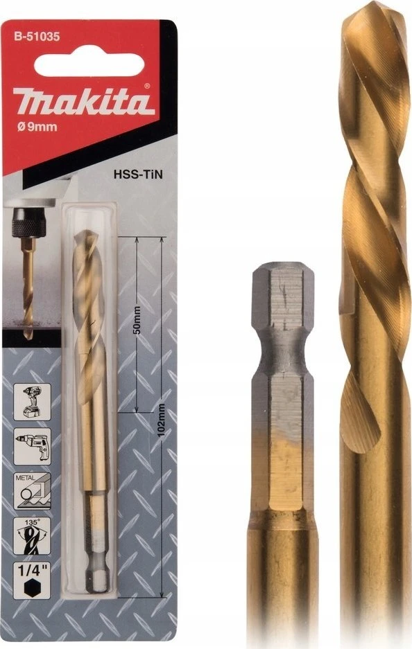 Grąžtas MAKITA grąžtai DO METALU HSS-TIN 1/4" HEX 9,0x102mm