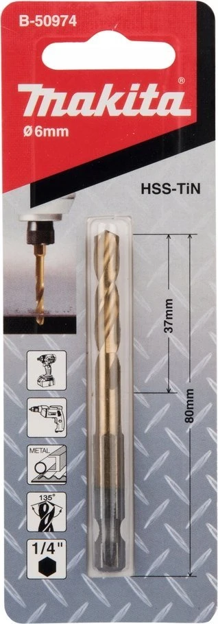 Grąžtas MAKITA grąžtai DO METALU HSS-TIN 1/4" HEX 6,0x80mm