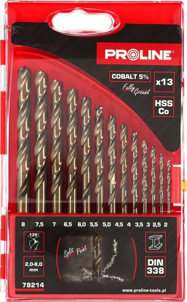 Grąžtas Wiertła Metalo grąžtai HSSCO DIN338, šlifuoti, 13 vnt. (2-8 mm), prolinas