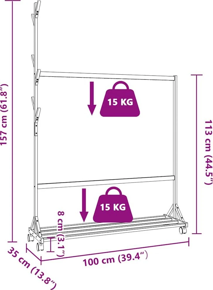 drabužių kabykla su kabliukais ir ratukais 100x35x157 cm