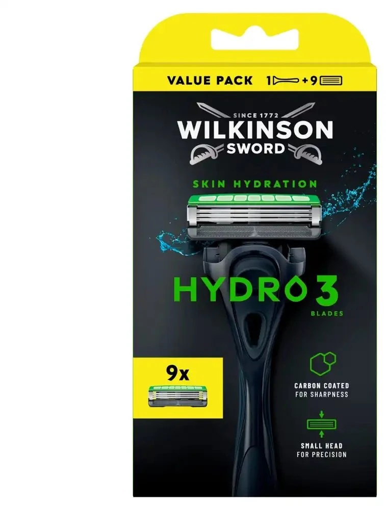 Wilkinson Sword „Wilkinson Hydro 3 Skin Hydration“ skustuvas su 3 ašmenimis ir 9 kasetėmis