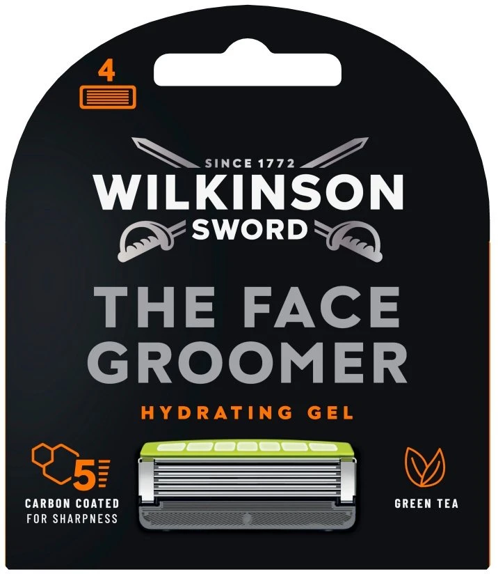 „Wilkinson The Face Groomer“ kasetė su 5 peiliukais ir 4 vnt drėkinamuoju geliu.