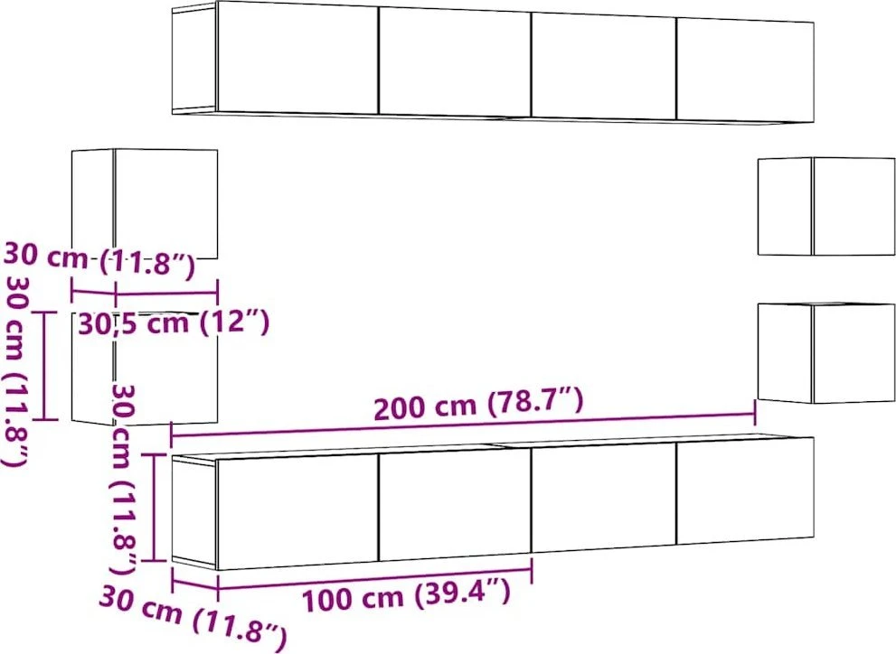 TV staliukas 8 dalių sieninis televizoriaus spintelės komplektas Artisan Oak