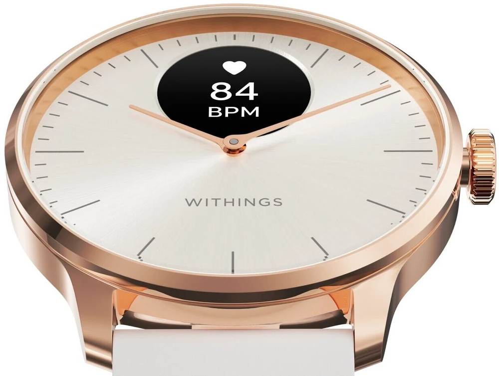 Išmanusis laikrodis Withings Scanwatch Light, 37 mm, Rožinio aukso spalvos korpusas su baltos spalvos dirželiu