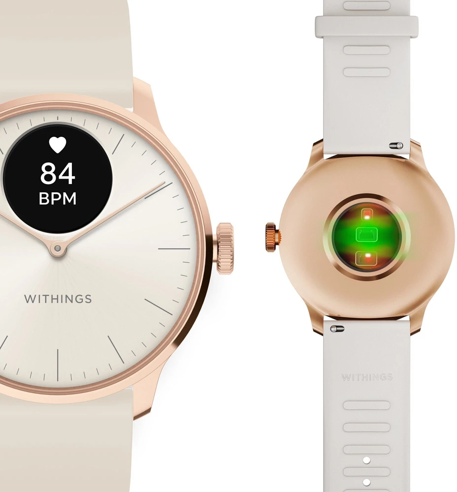Išmanusis laikrodis Withings Scanwatch Light, 37 mm, Rožinio aukso spalvos korpusas su baltos spalvos dirželiu