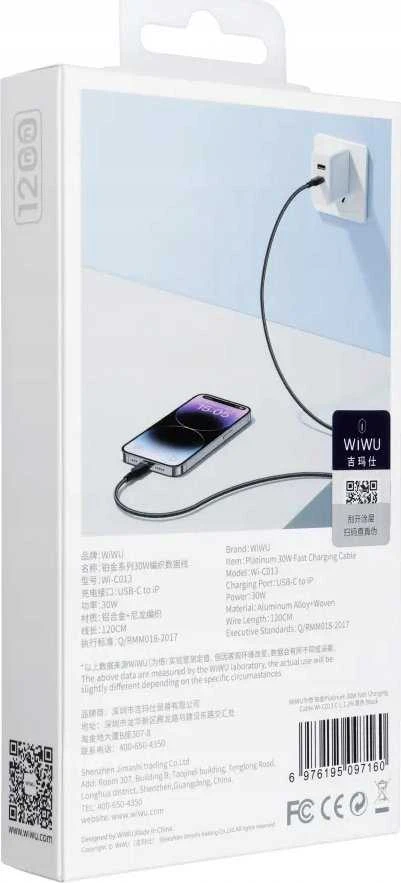 WiWU - Platinum Series duomenų kabelis Wi-C013 USB C iki Lightning 30W 1,2m - juodas